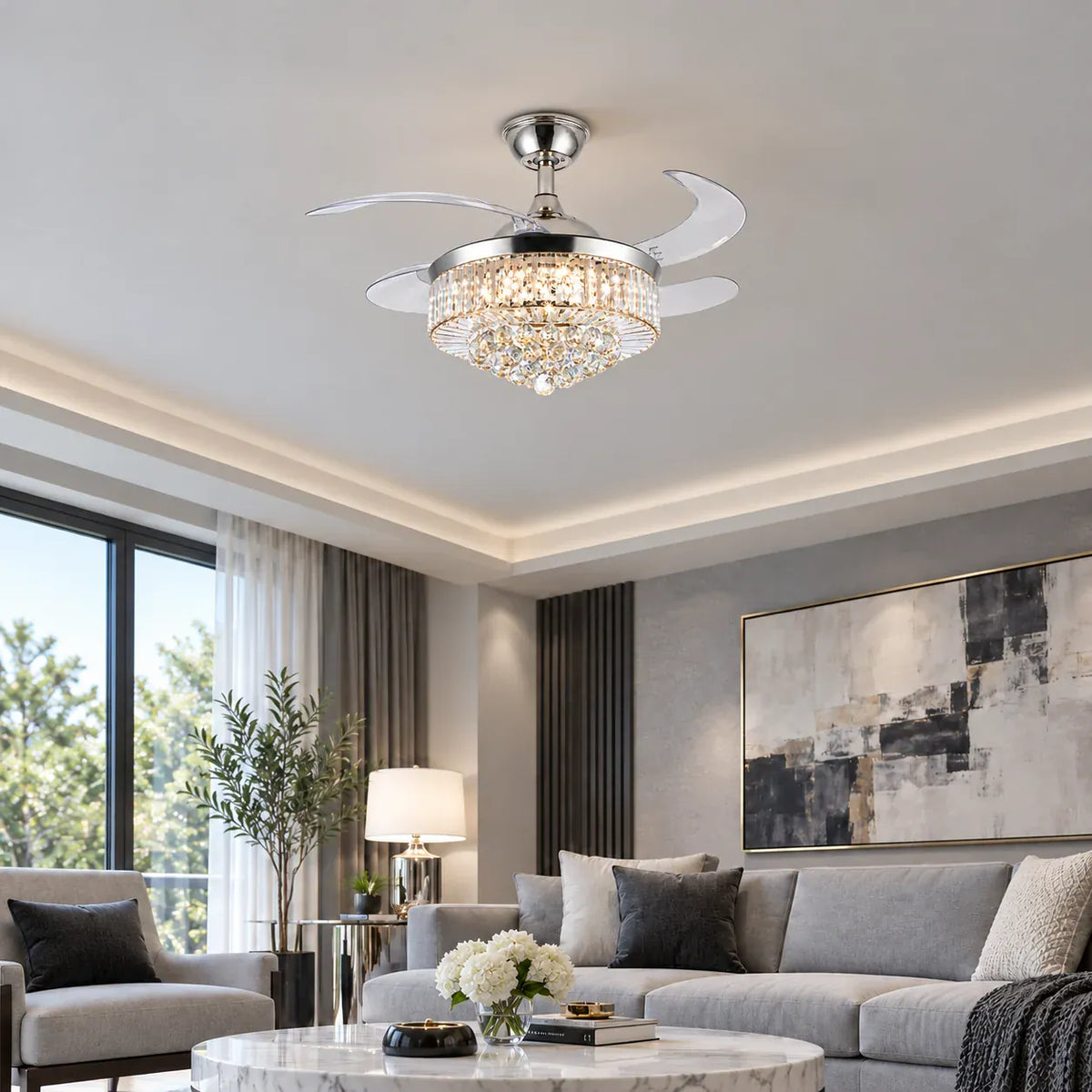 Aerovelle Crystal Ceiling Fan Chandelier Chrome Modern Chandelier