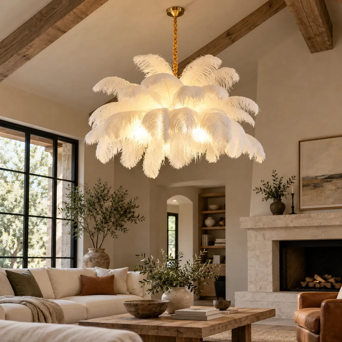 Jack Feather Chandelier White / D23.62" (60 cm) / Hanging Chain|Warm light Modern Chandelier