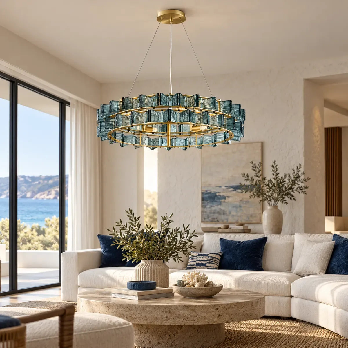 Nova Contemporary Glass Chandelier Round 22.58"(58cm) / Blue / Warm light 2700K Modern Chandelier