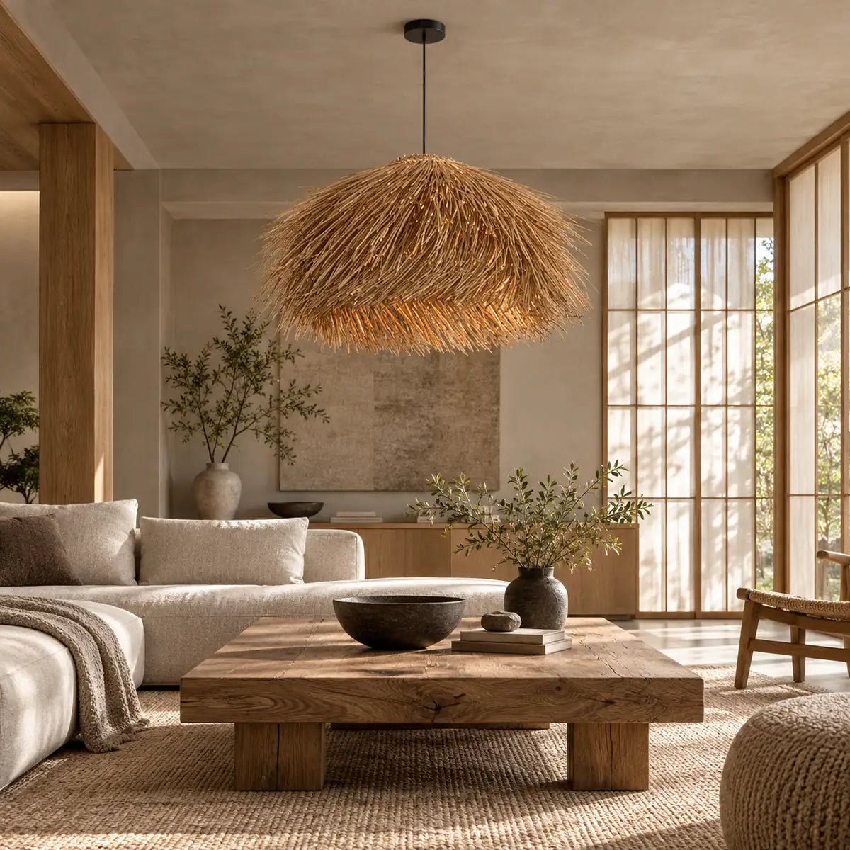 Piper Rattan Pendant Chandelier 15.75" (40 cm) / Warm White 3000K Modern Chandelier
