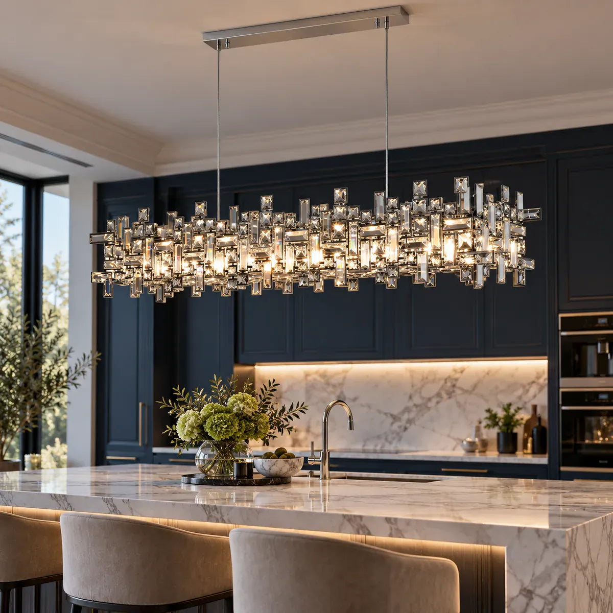 Raka Luxury Chrome Crystal Chandelier Rectangle 39.37" (100cm) / Warm Light 2700K Modern Chandelier