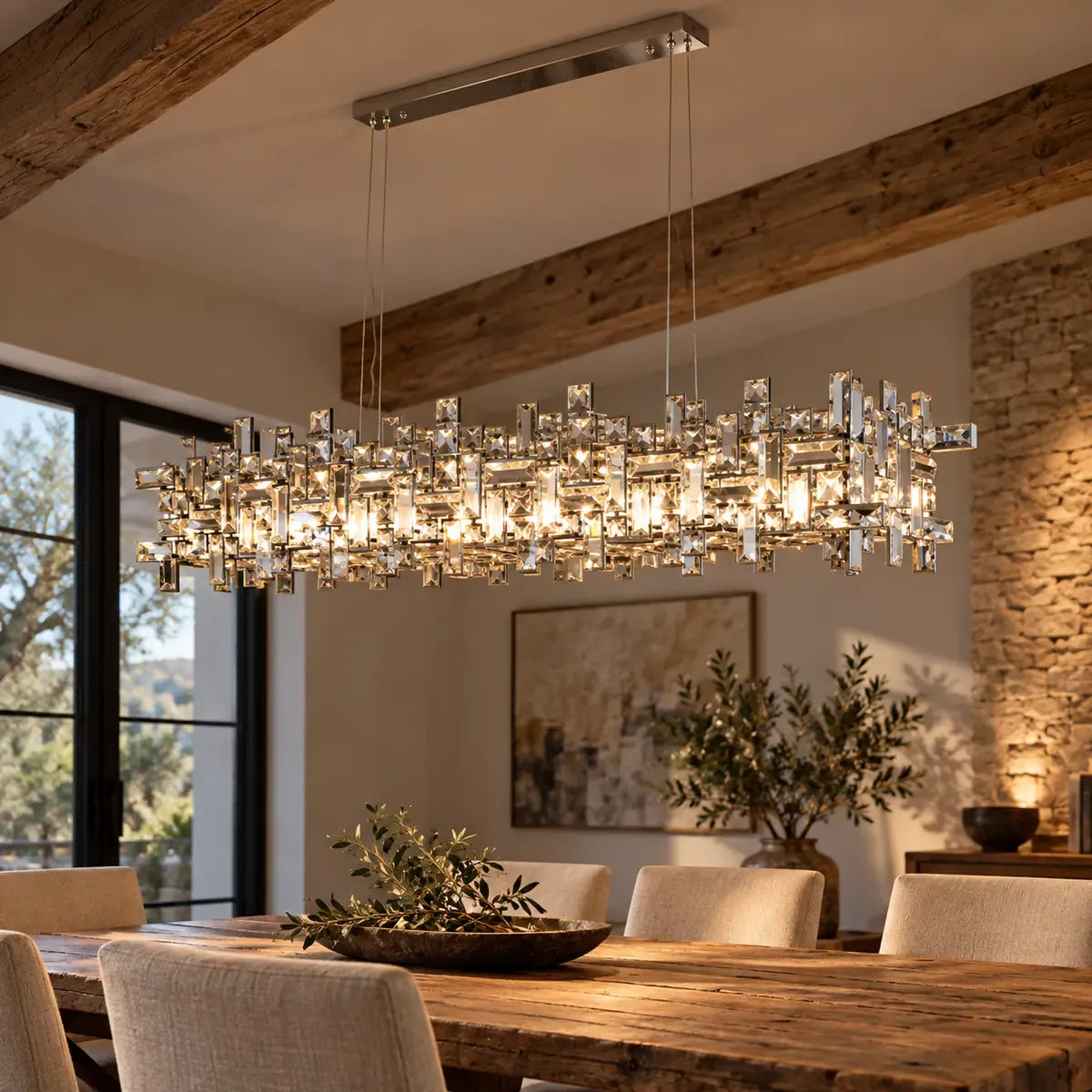 Raka Luxury Chrome Crystal Chandelier Rectangle 47.24" (120cm) / Warm Light 2700K Modern Chandelier