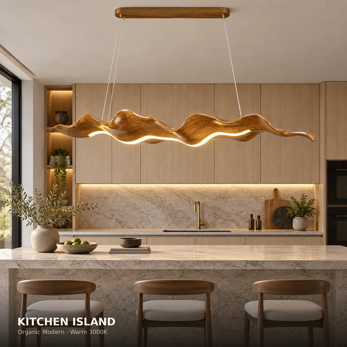 Ravessa Wood-Grain Wave LED Chandelier Modern Chandelier