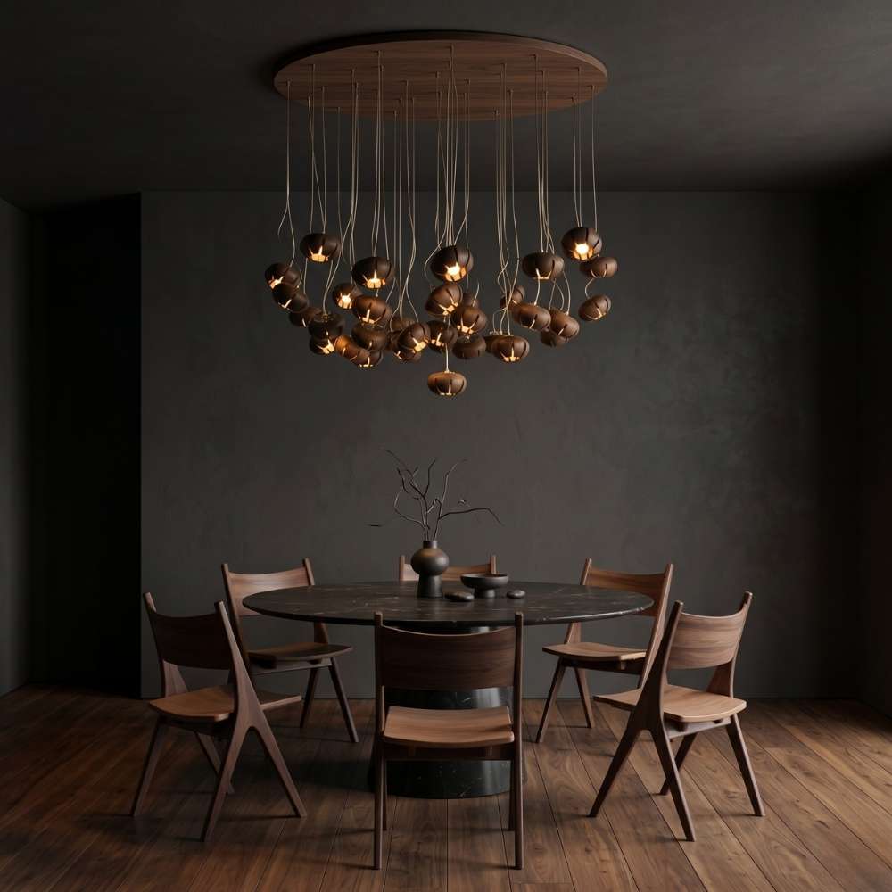 Zarmel Wood Cluster Pendant Light Dark Wood / Round 1 Head / Warm White 2700K Modern Chandelier