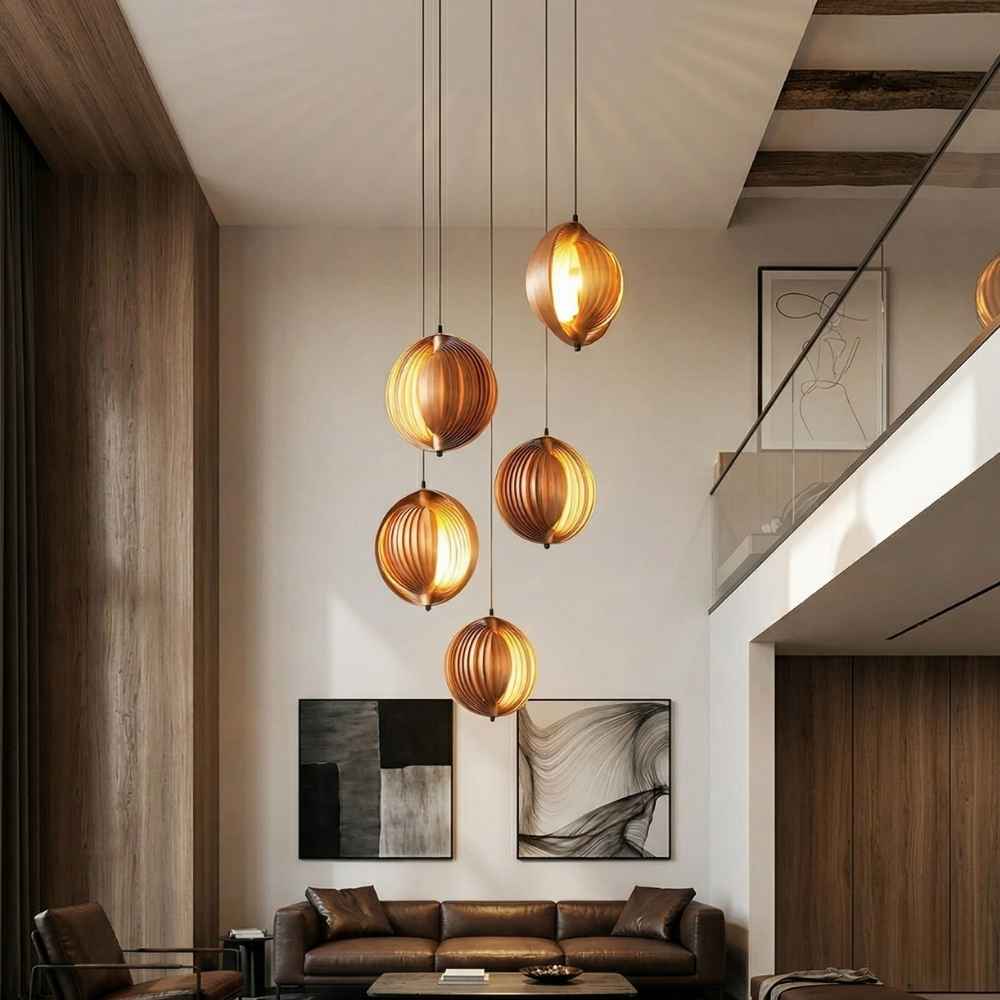 Zirel Rustic Wood Staircase Chandelier Light Wood / 3 / Warm White 2700K Modern Chandelier