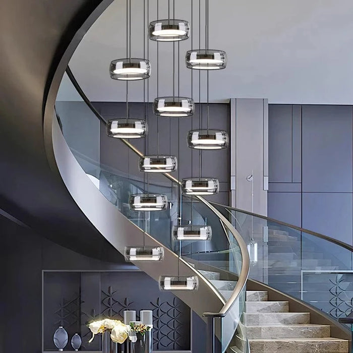 12-Light Modern Staircase Chandelier with floating frosted glass LED discs