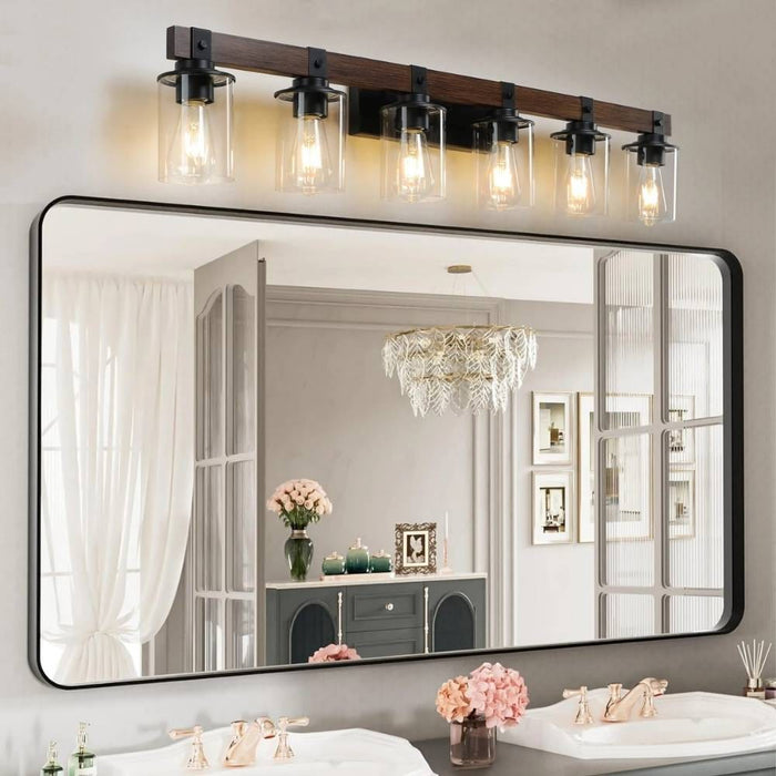 6-Light Rustic Bathroom Light Fixture with glass shades on a wood beam