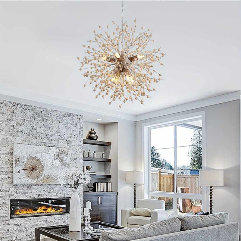 8-Light Wood Sputnik Chandelier in mid-century design with wood tones