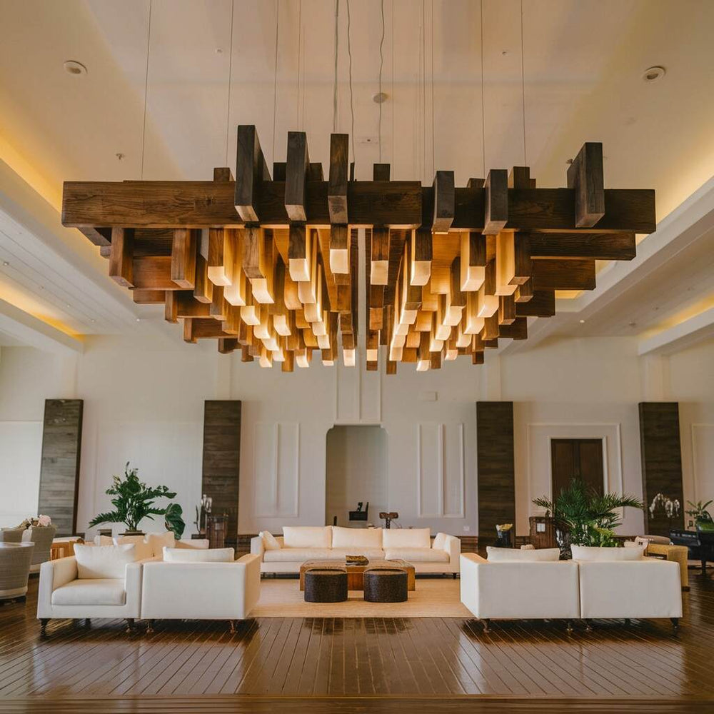 A modern chandelier suspended in a high-ceilinged room