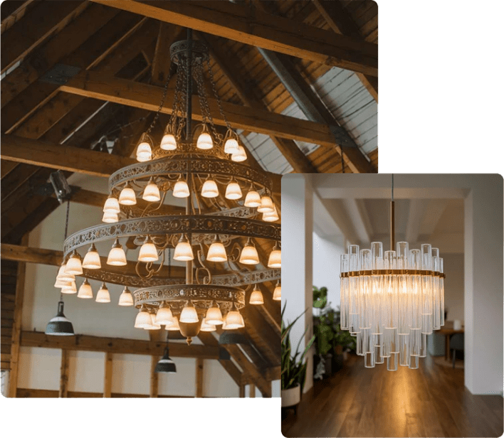 Custom modern chandelier installed in a living room