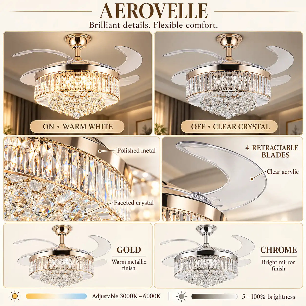 Aerovelle Crystal Ceiling Fan Chandelier Modern Chandelier