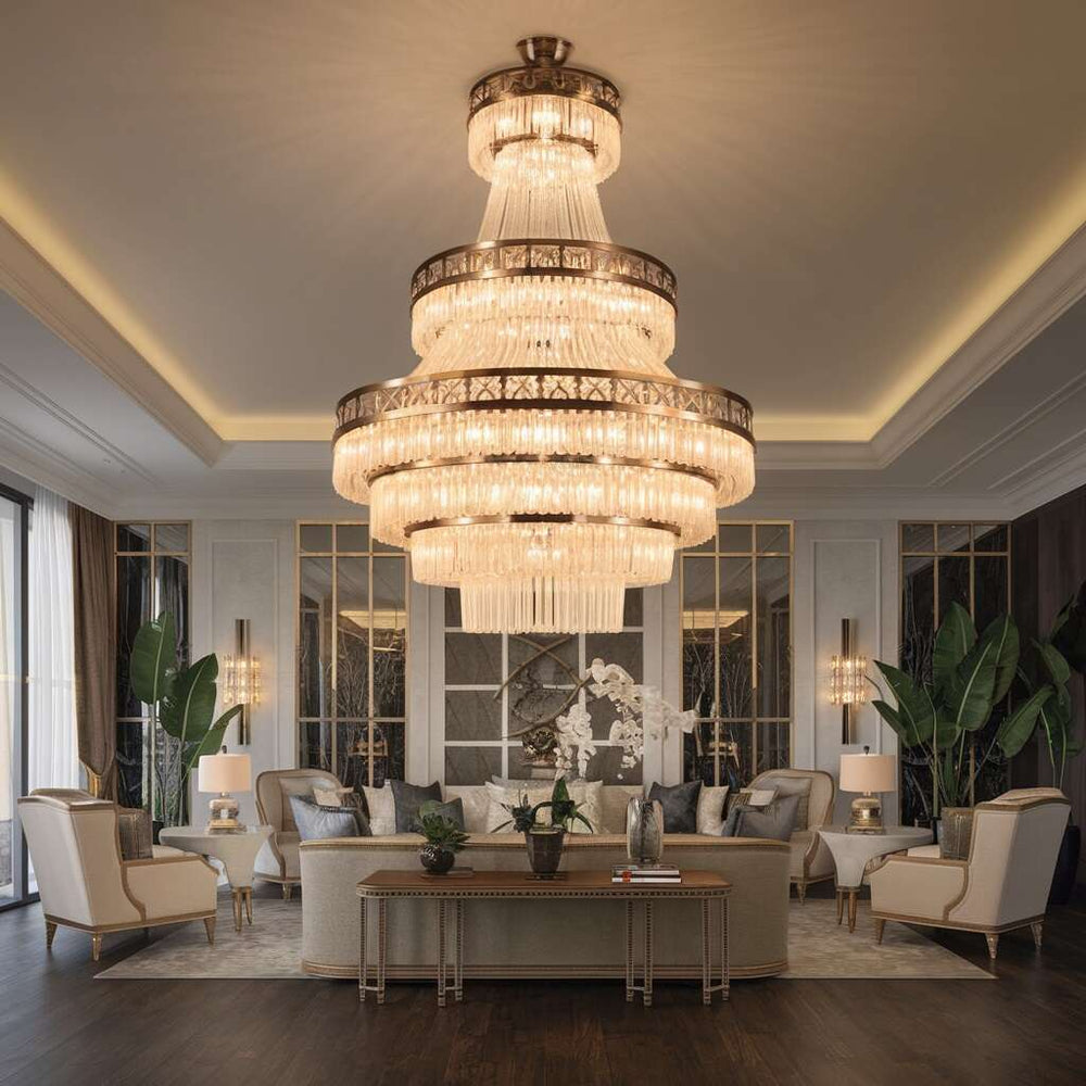 The same living room after a custom-sized modern chandelier was installed