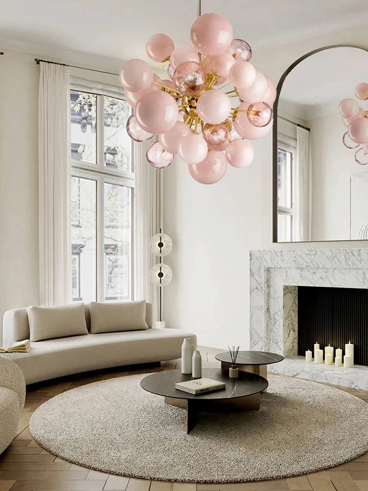Art Modern Pink Bubble Chandelier with pink-tinted glass spheres