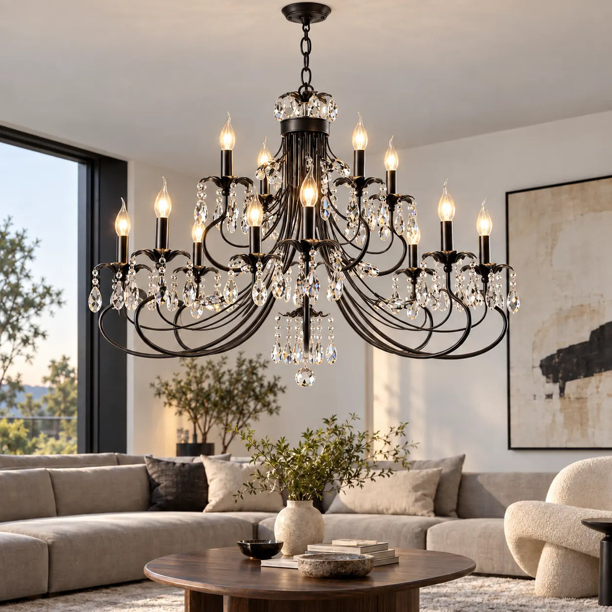 Black Wrought Iron Chandelier 12 / Warm White 3000K Modern Chandelier