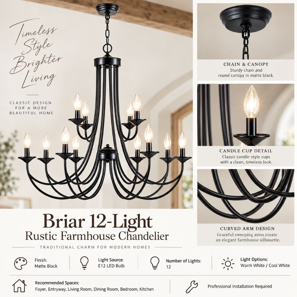 Briar 12-Light Rustic Farmhouse Chandelier Modern Chandelier