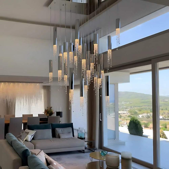 Dash Crystal Staircase Chandelier long drop two-story great room high ceiling living