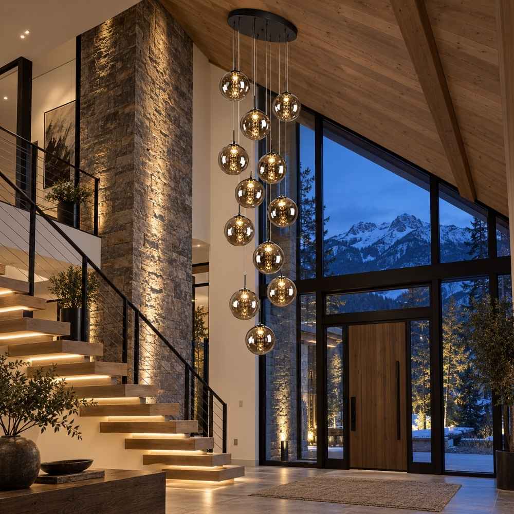 Flow High Ceiling Chandelier Black / 6 / Cognac Modern Chandelier