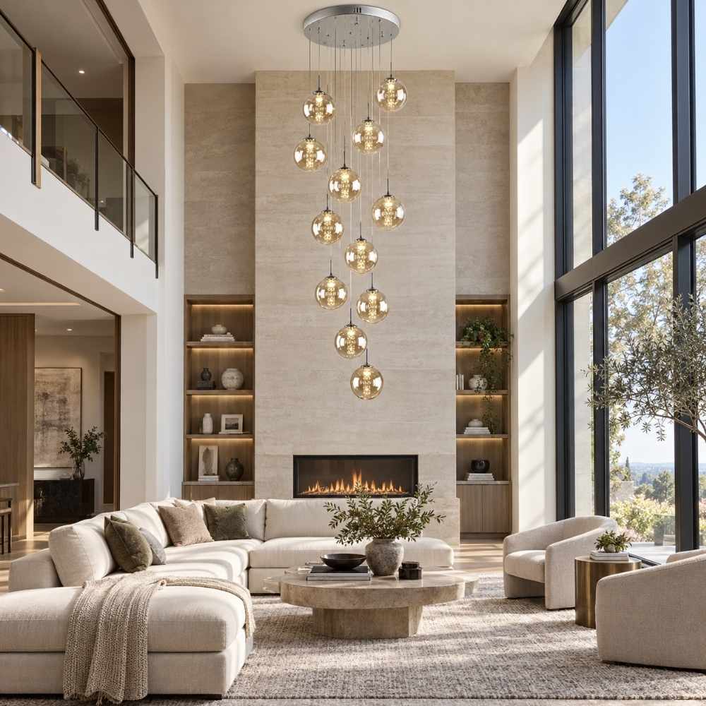 Flow High Ceiling Chandelier Silver / 6 / Cognac Modern Chandelier