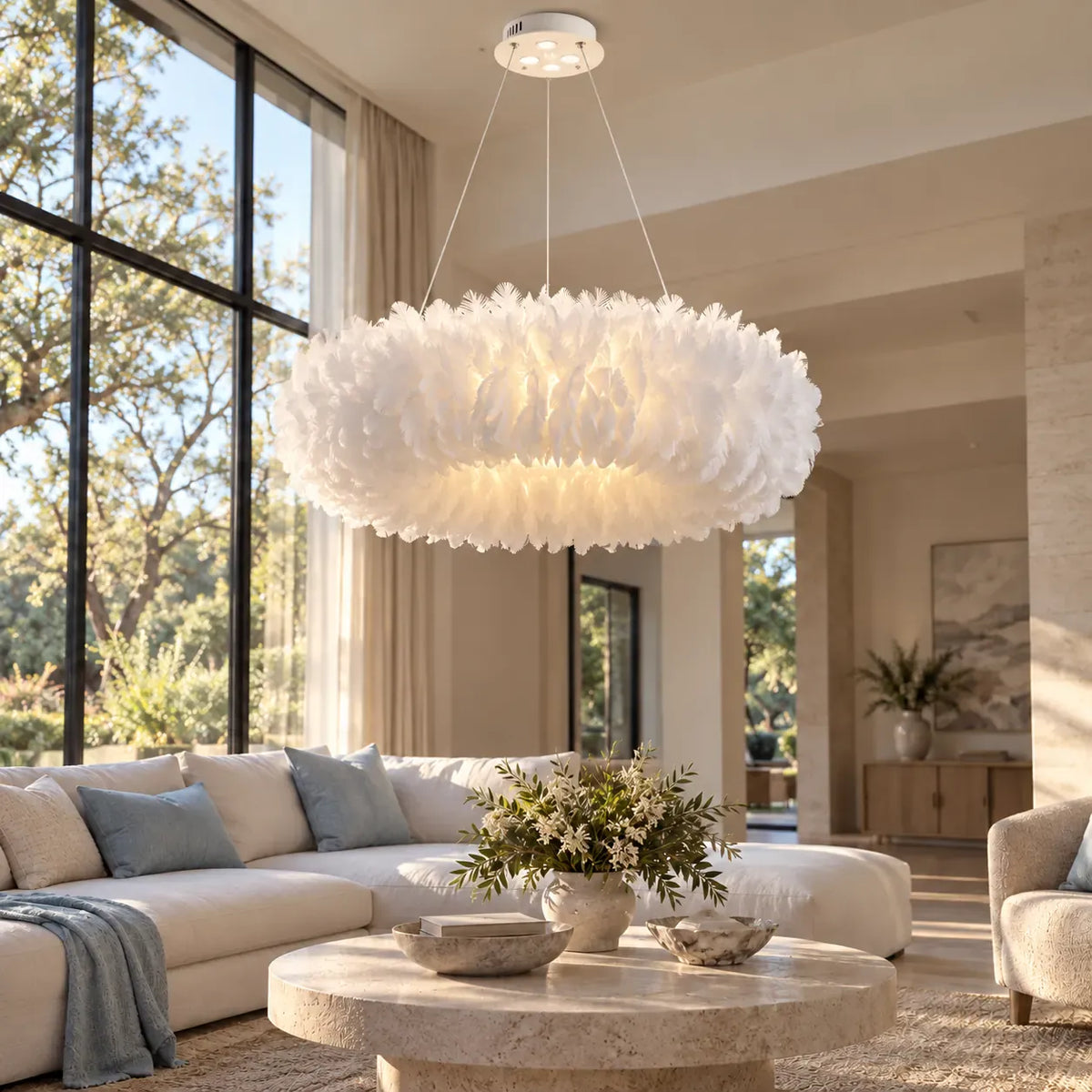 Glade Ostrich Feather Chandelier White / 15.75" (40 cm) / Warm Light 2700K Modern Chandelier