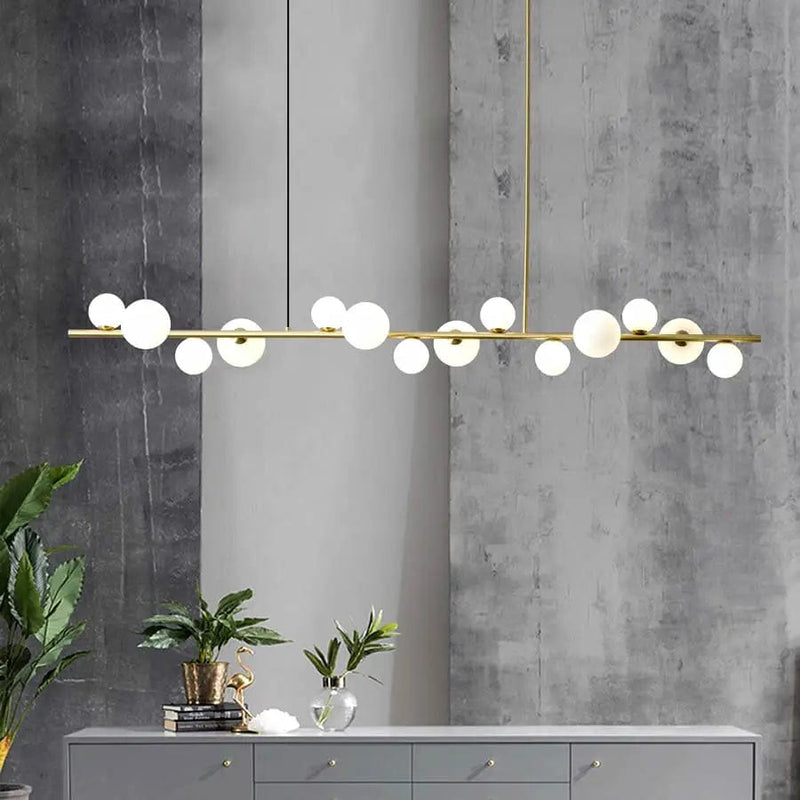 Haven Linear Bubble Chandelier with white glass spheres in linear arrangement