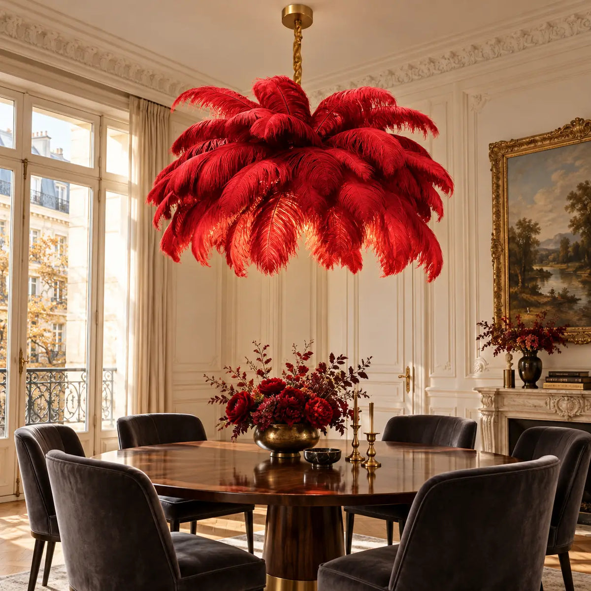 Jack Feather Chandelier Red / D23.62" (60 cm) / Hanging Chain|Warm light Modern Chandelier