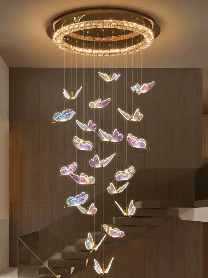 Jana Butterfly Staircase Chandelier laser-cut butterflies central crystal ring
