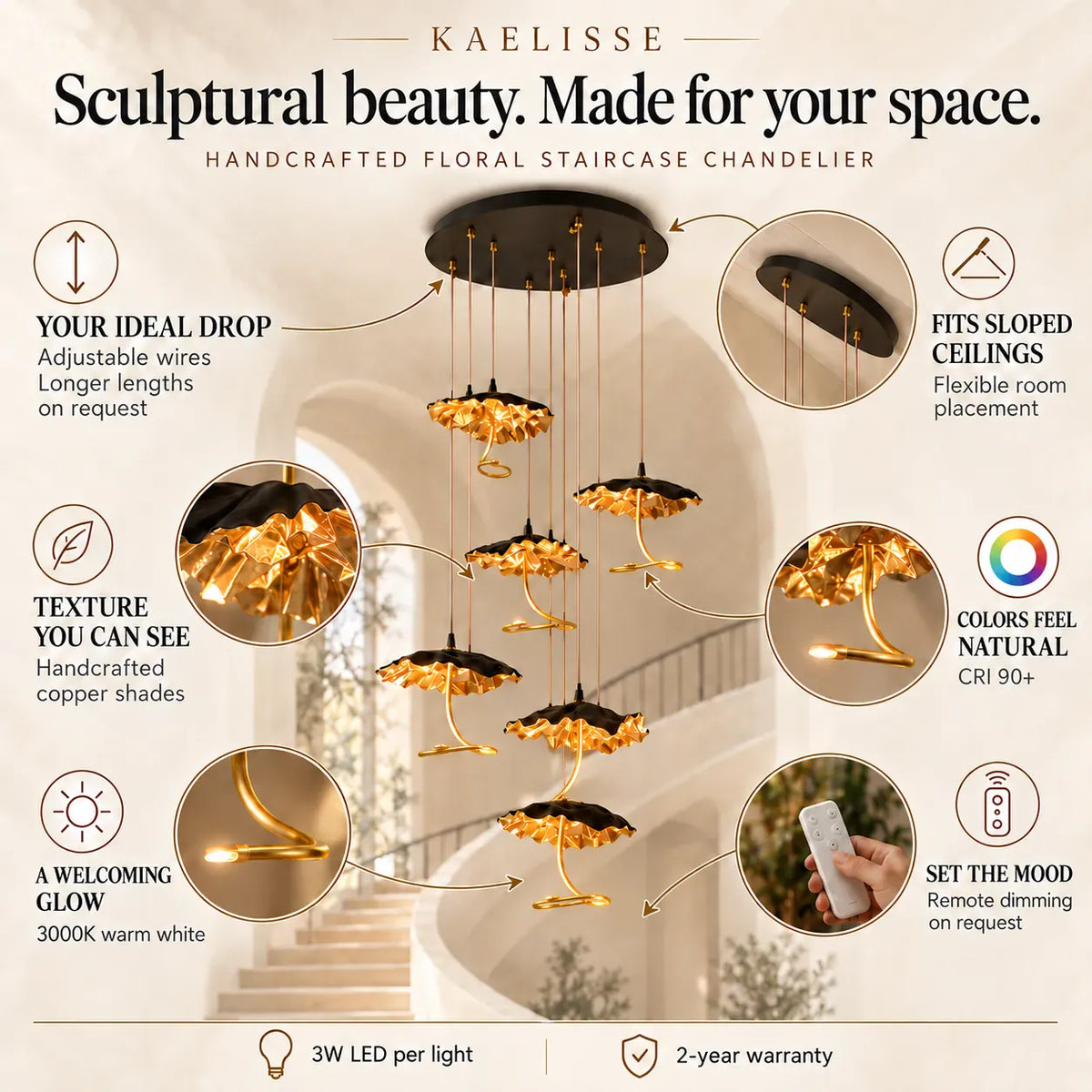 Kaelisse Handcrafted Floral Staircase Chandelier Modern Chandelier