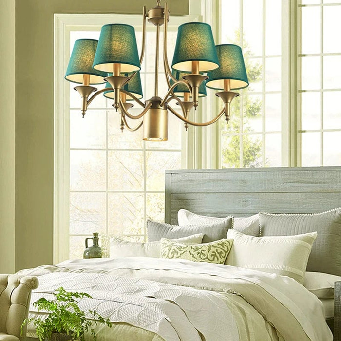 Lana Rustic Vintage Chandelier linen shades gold steel frame