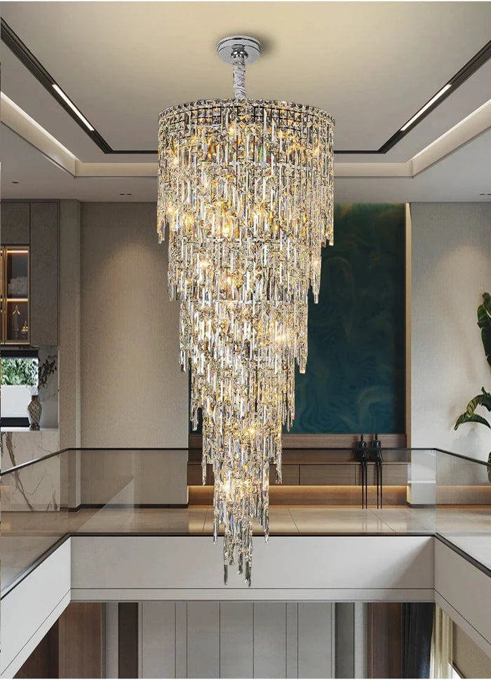 Large Crystal Entryway Chandelier for two-story foyer, positioned in upper third of void