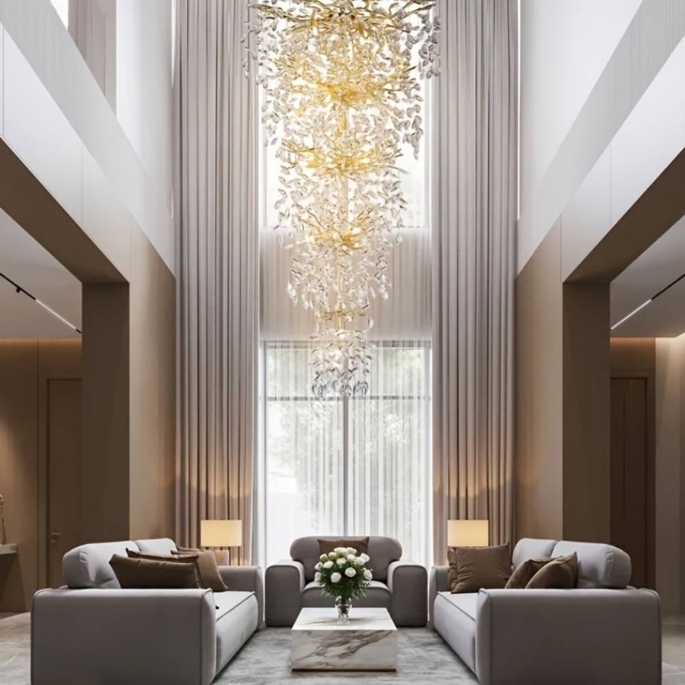 Laya Crystal Chandelier for High Ceiling Gold Modern Chandelier