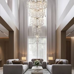 Laya Crystal Chandelier for High Ceiling Silver Modern Chandelier