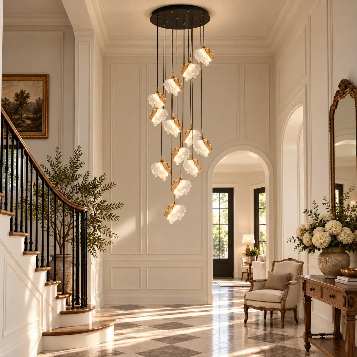 Lysavelle Glass Petal Staircase Chandelier 13 / Warm White 3000K Modern Chandelier