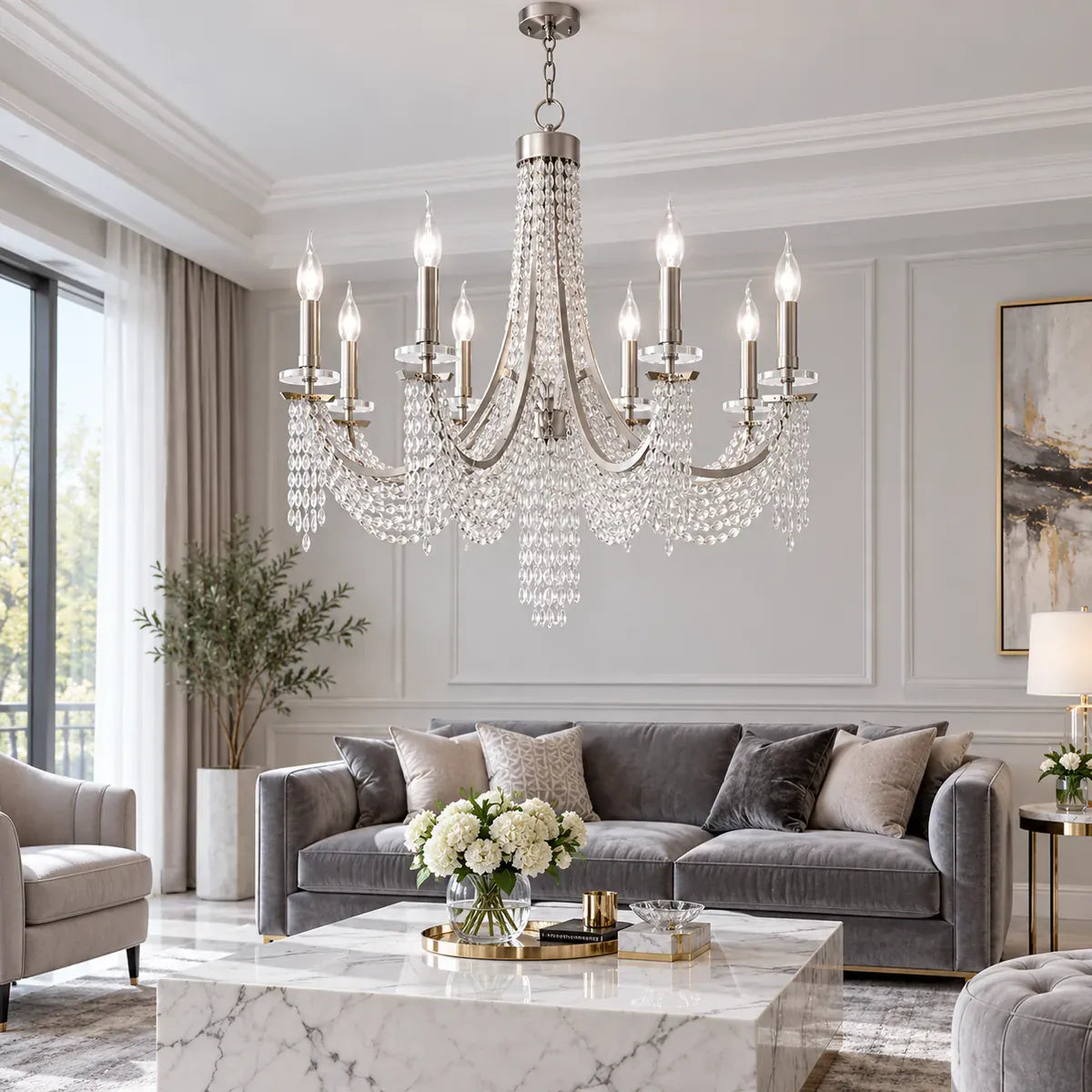 Mikel Candle Crystal Chandelier Silver / 5 / Warm White 3000K Modern Chandelier