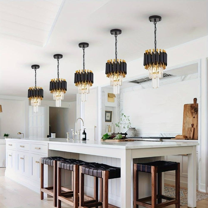 Misty Black Crystal Pendant Light layered with wall sconces and ambient lighting