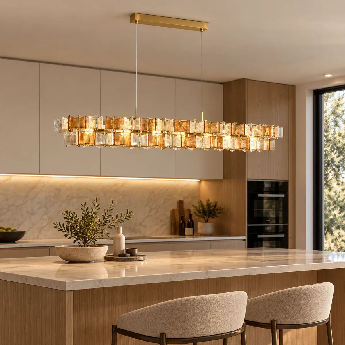 Nova Contemporary Glass Chandelier Rectangle 37.40"(95cm) / Amber-Transparent / Warm light 2700K Modern Chandelier