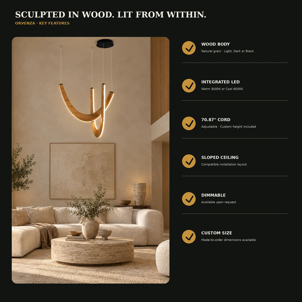 Orvenza Curved Wood LED Chandelier Modern Chandelier