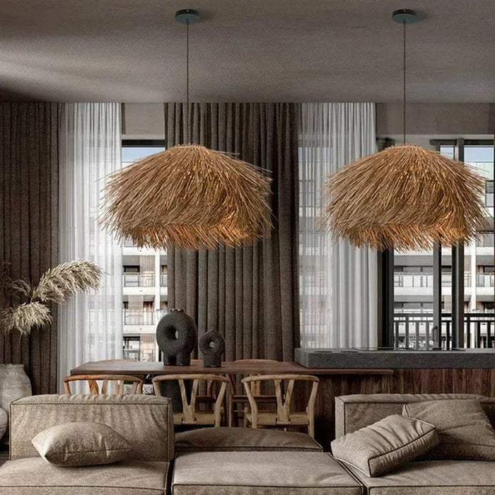 Piper Rattan Pendant Chandelier in natural rattan over breakfast table