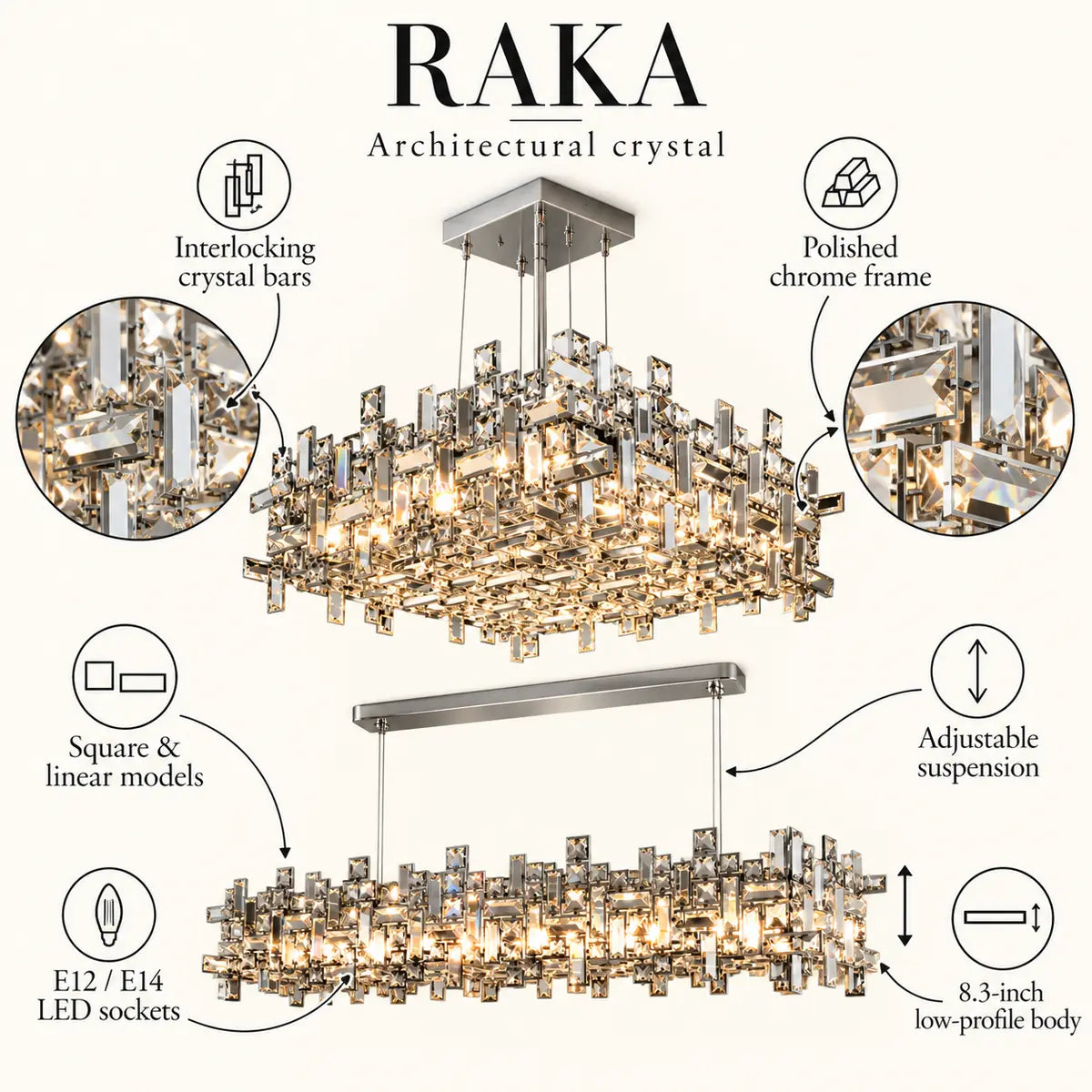 Raka Luxury Chrome Crystal Chandelier Modern Chandelier