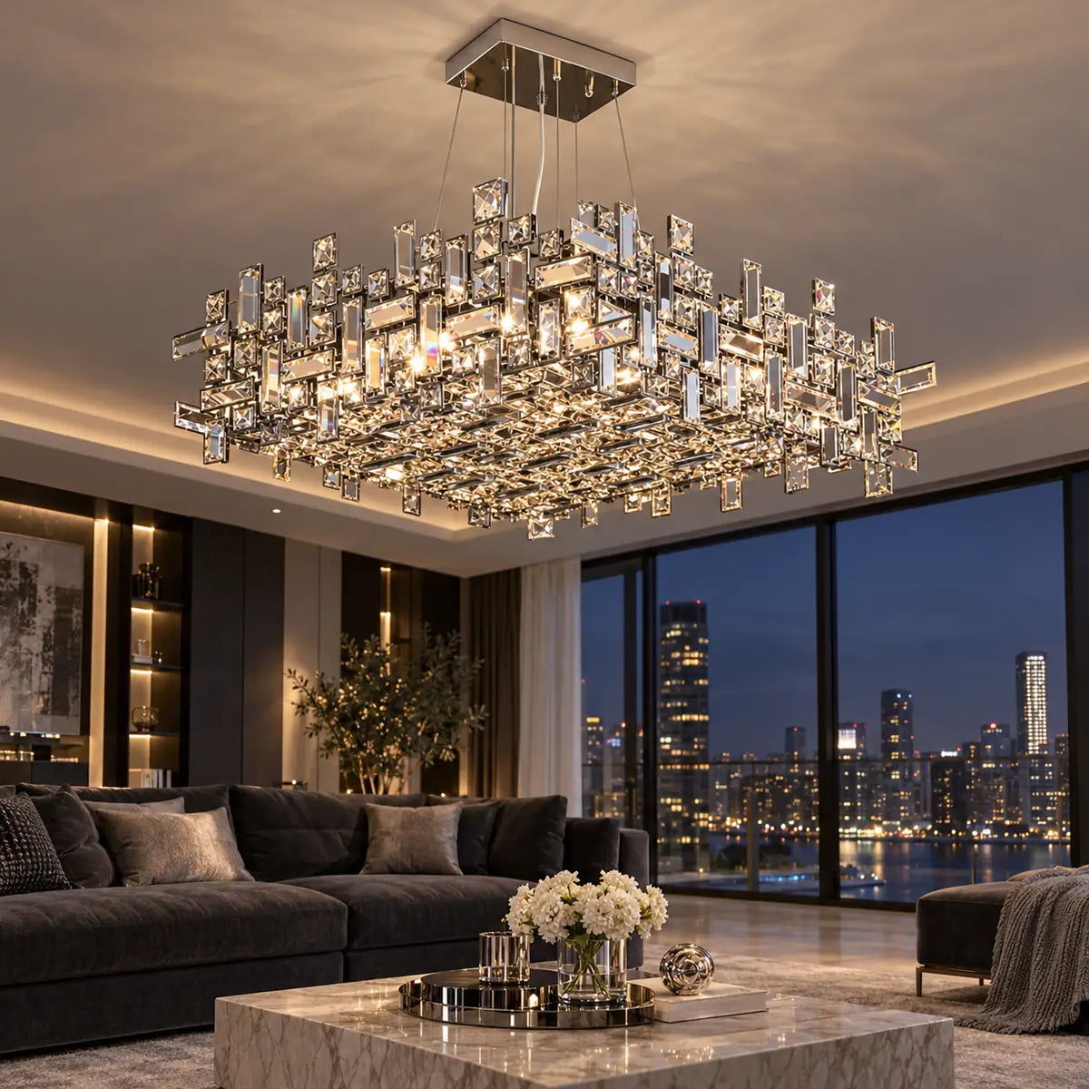 Raka Luxury Chrome Crystal Chandelier Sqare 31.50" (80cm) / Warm Light 2700K Modern Chandelier