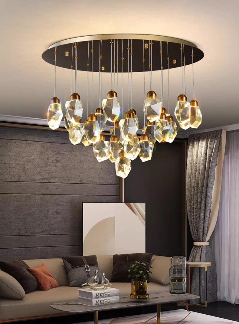 Shade Crystal Stone Chandelier in round gold configuration