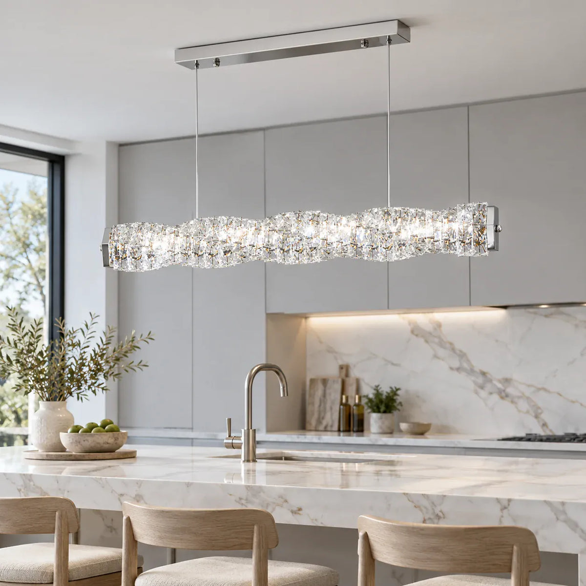 Solvienne Crystal Wave Linear Chandelier Silver / L31.50" (80 cm) / Warm Light 2700K Modern Chandelier