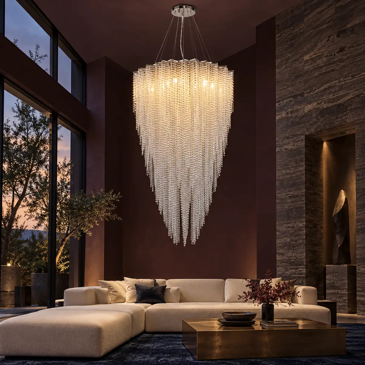 Talis Crystal Cascade Chandelier H47.2'' (120cm) / Chrome / Warm White 3000K Modern Chandelier