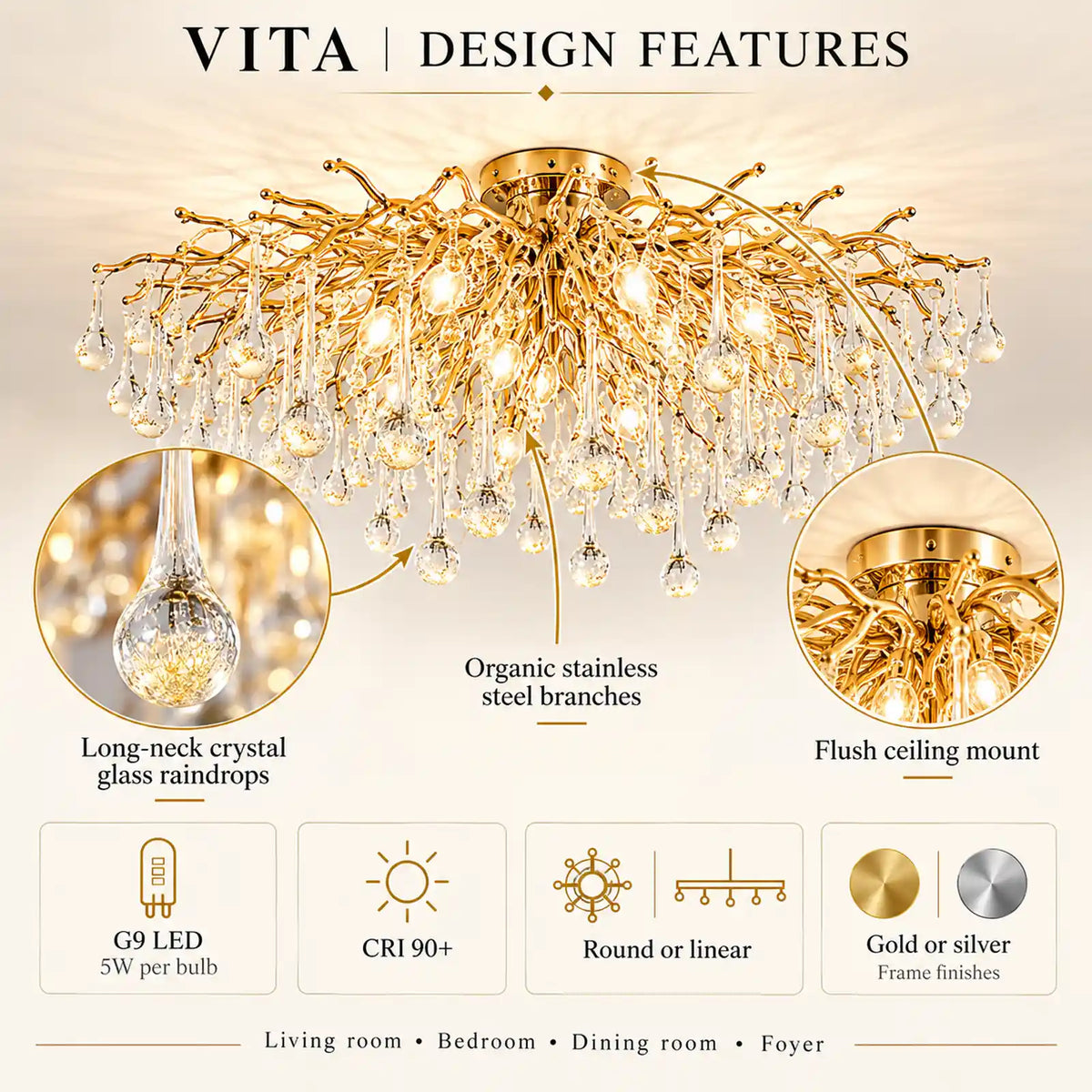 Vita Crystal Flush Mount Chandelier Modern Chandelier