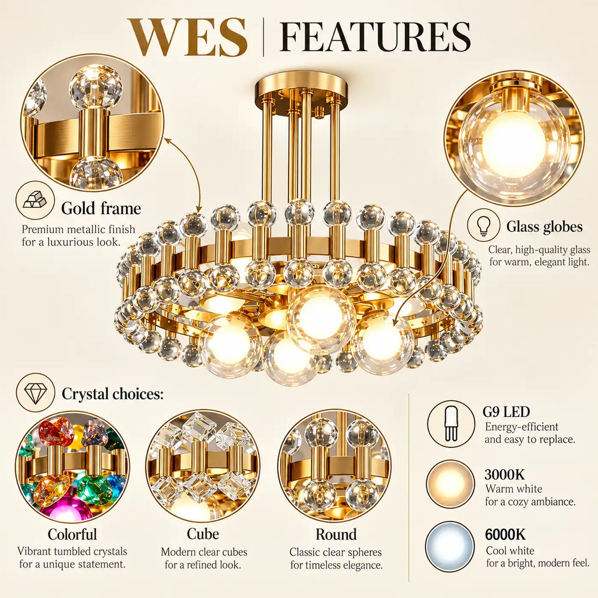 Wes Gold Round Light fixture Modern Chandelier