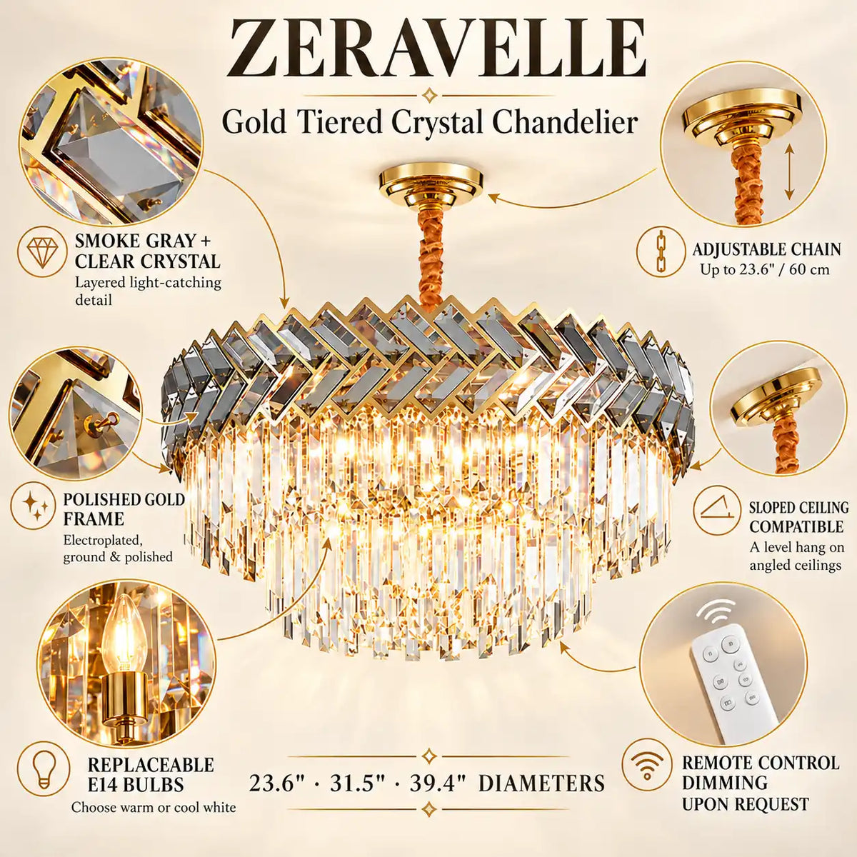 Zeravelle Gold Tiered Crystal Chandelier Modern Chandelier